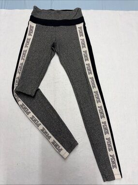 PINK Victoria's Secret Heather Gray Leggings with Black & Cream Logo Stripes